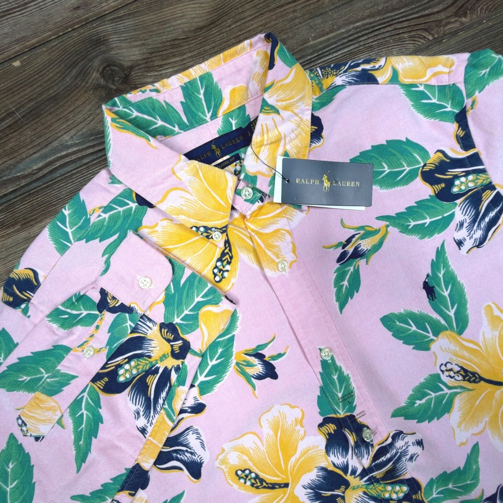 Ralph Lauren Mens Large Button Down Shirt Pink Hibiscus Floral Classic Fit NWT